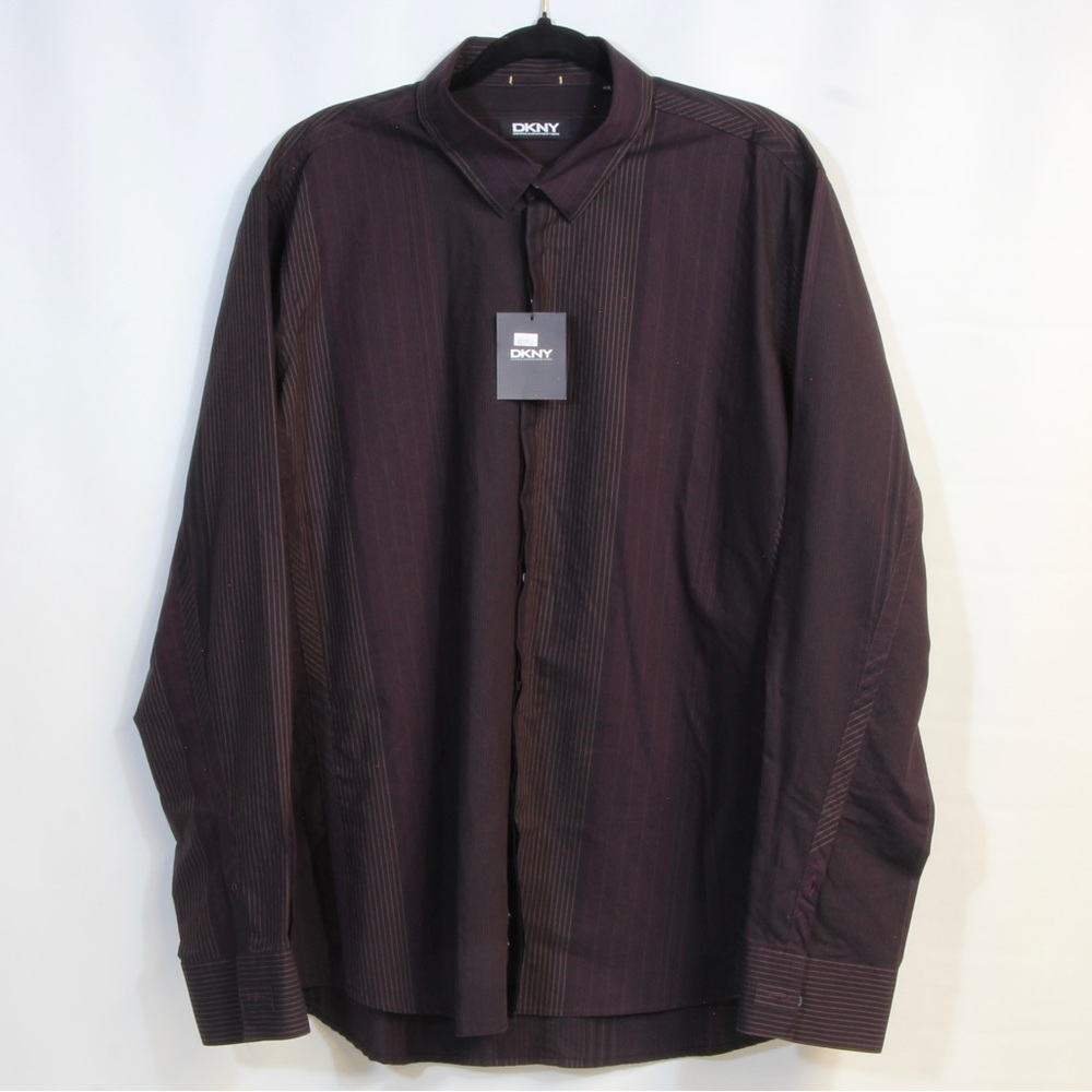 DKNY Men's Burgundy w/Black & Dark Olive Stripes Long Sleeve Button-up Shirt NWT